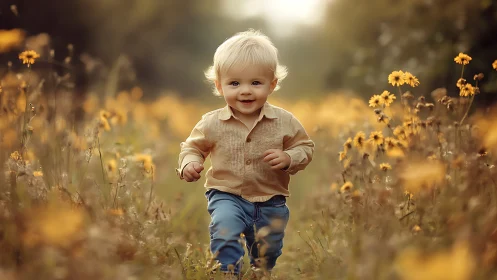 Toddler in field of yellow flowers during golden hour.