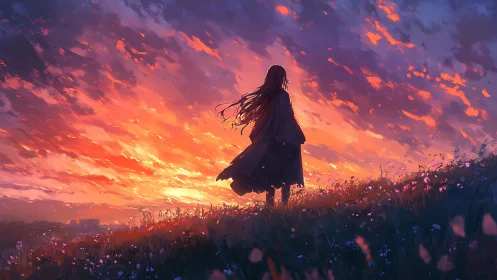 Silhouetted girl on wildflower hill at vivid orange sunset