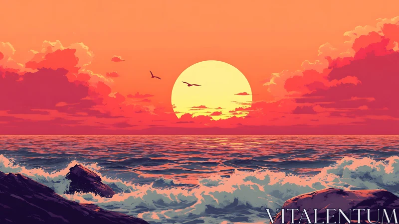 Chromatic ocean sunset with silhouetted seabirds and surf dynamics.