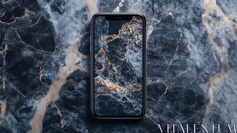 Smartphone display camouflaged against veined marble surface.