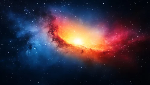 Cosmic nebula flares in vivid blue, gold, and crimson light.