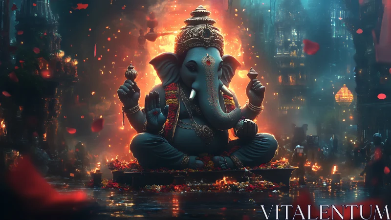 Digital painting of luminous Ganesha idol in ceremonial shrine.