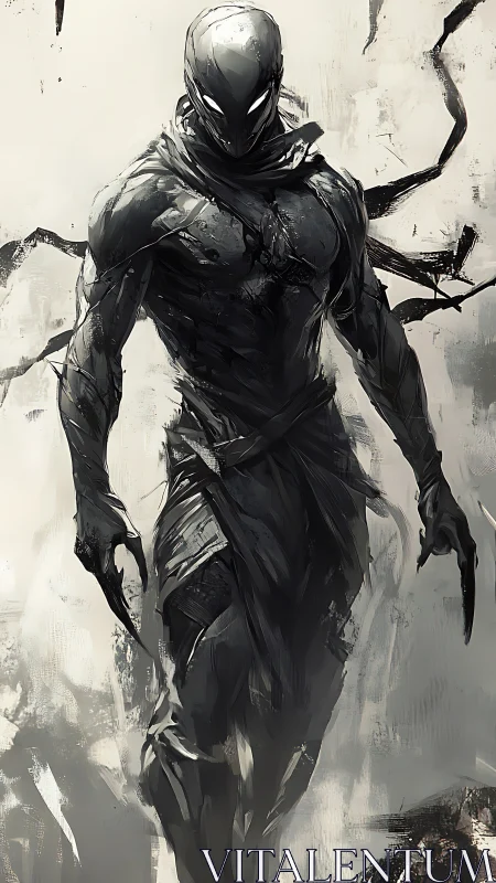 Shadow-clad vigilante strides through swirling monochrome storm.