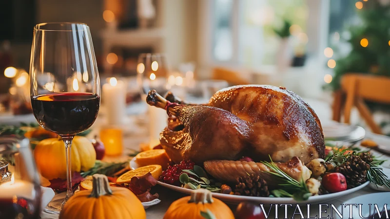 Roast turkey and red wine on warmly lit festive table.