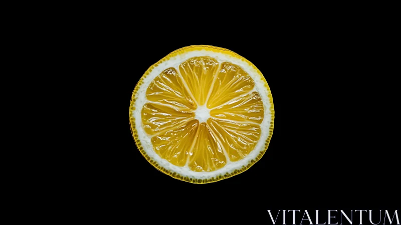 Lemon slice glows against deep black background in focus.
