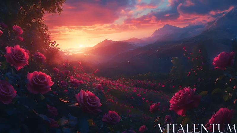 Sunlit rose valley under cinematic magenta dusk sky.