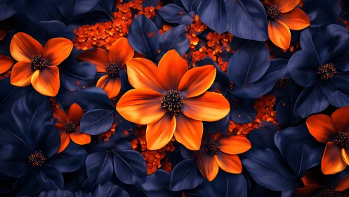 Orange and Navy Blooms Against Luminous Darkness.