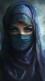 Mysterious blue‑eyed woman wrapped in shimmering midnight veils.