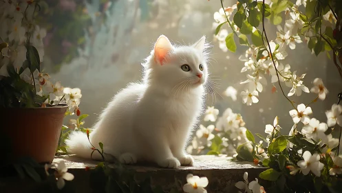White Kitten Among Flowering Plants in Golden Sunlight.