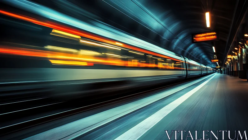 High speed train traverses illuminated underground platform
