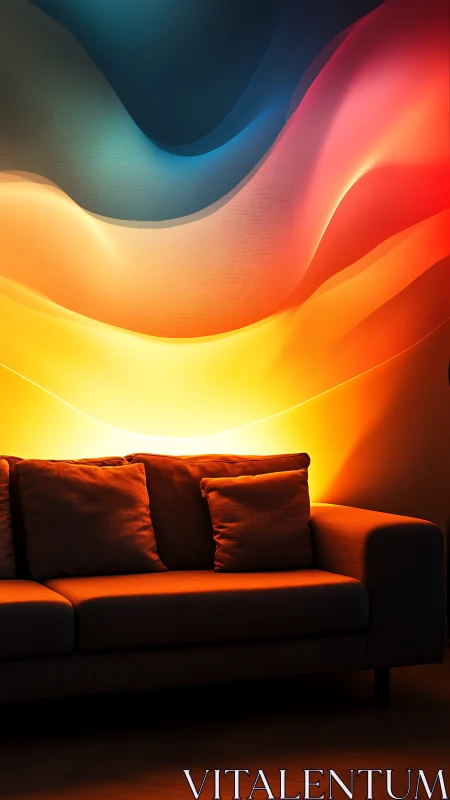 Gradient wall illumination casts high-contrast glow on sofa