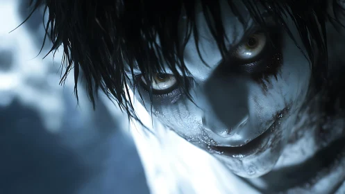 Close-up of pale, distressed face with smeared dark makeup.