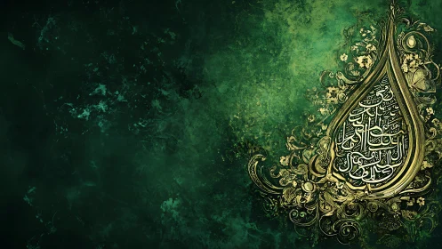 Arabic calligraphy occupies ornate teardrop frame on green field