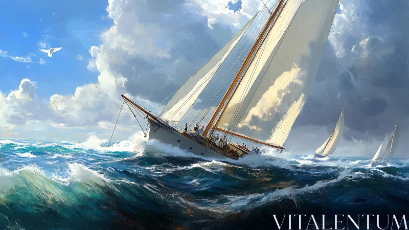 Sailing yacht on open sea with dynamic waves and clouds.