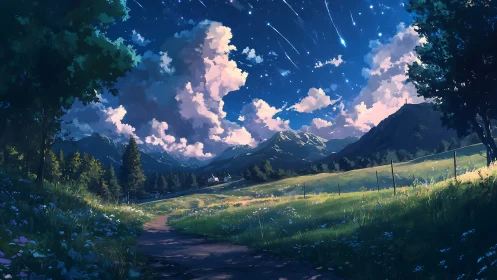 Starlit mountain valley meadow under sweeping meteor shower.