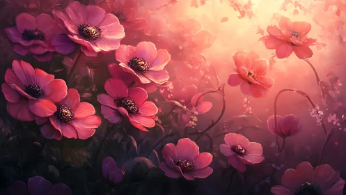 Pink Cosmos Flowers in Luminous Sunset Glow.