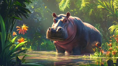 Sunlit hippo daydreaming in a glowing jungle lagoon.