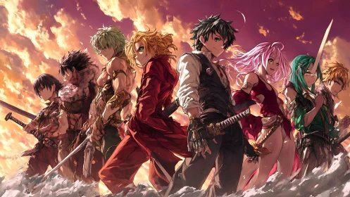 Line of armed anime figures under clouded sunset sky.