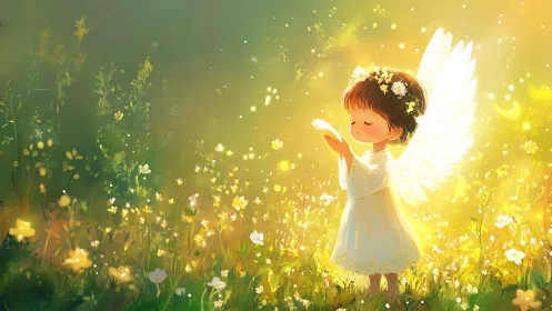 Digital painting of child angel in luminous wildflower meadow.
