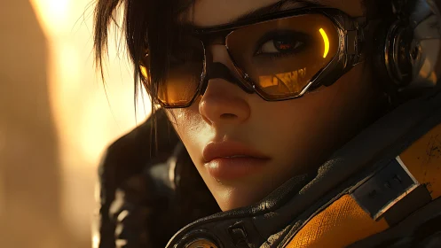 Cybernetic pilot portrait with amber visor reflections.