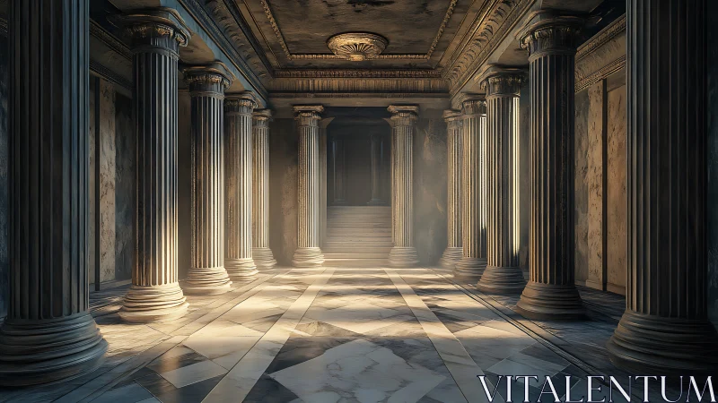 Sunlit neoclassical hall with marble columns and steps.