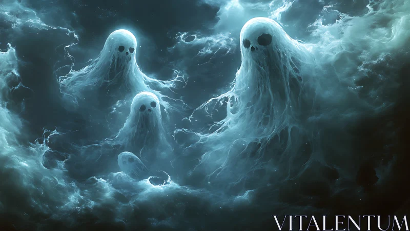 Ethereal ghostly forms drift through a storm of mist.