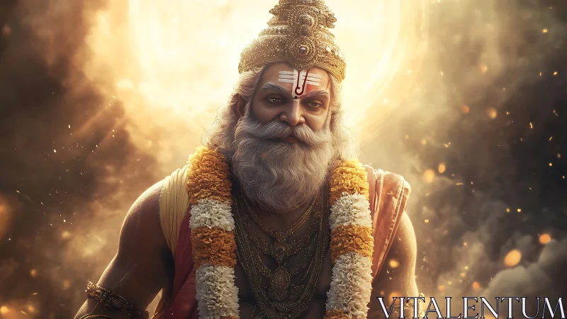 Digital render depicts ornate bearded elder before radiant halo