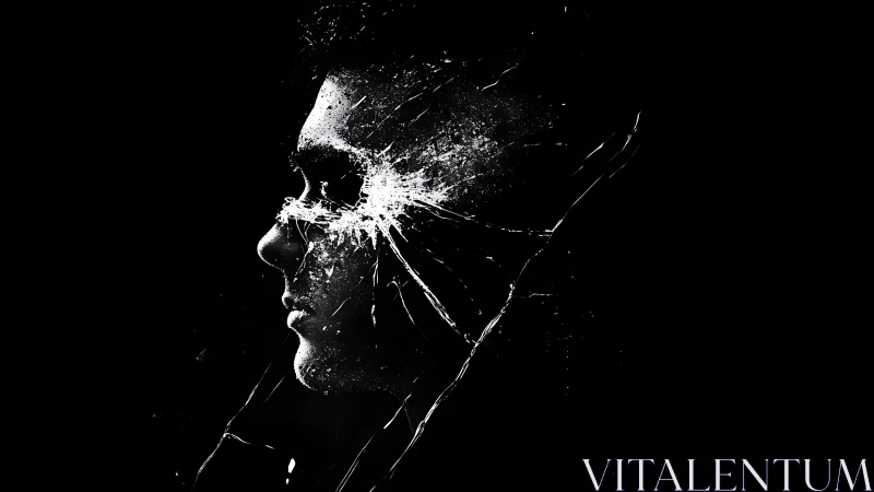 Shattered monochrome male profile with fractured glass overlay.