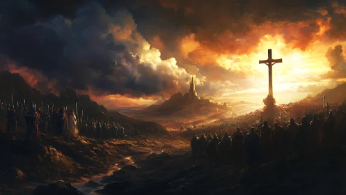 Crusader armies converge beneath burning apocalyptic sky.
