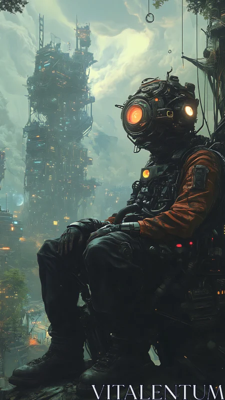 Atmospheric cyber-scout in exo-suit overlooking vertical megacity.