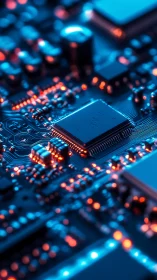 Microchip glows amid neon circuitry in a high-tech blur.