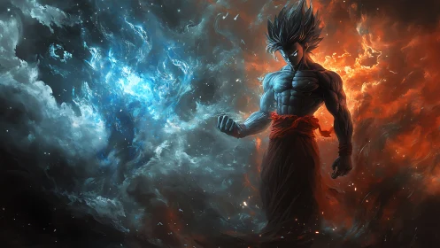 Elemental anime warrior between blue ice and orange fire.