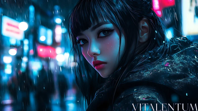 Midnight gaze brightens a neon soaked city street in rain