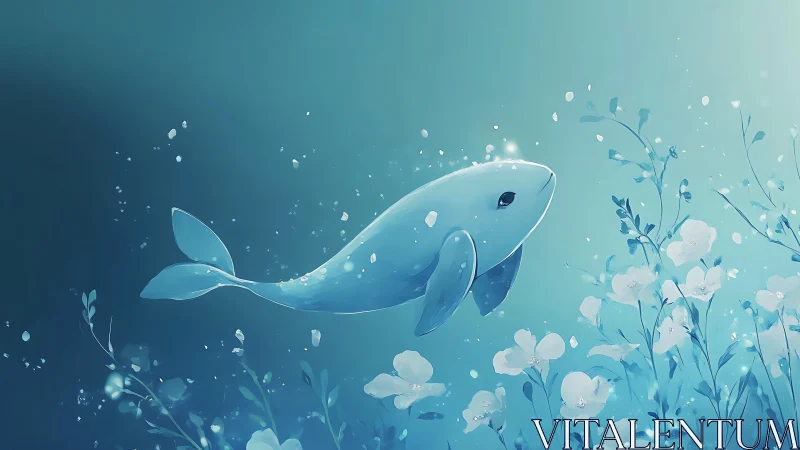 Dreamlike blue whale drifting through luminous blossoms.