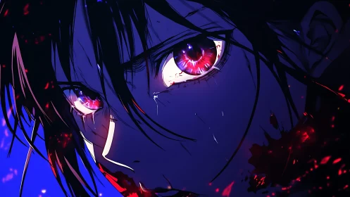 Close anime face shows glowing red eyes and blood splatter