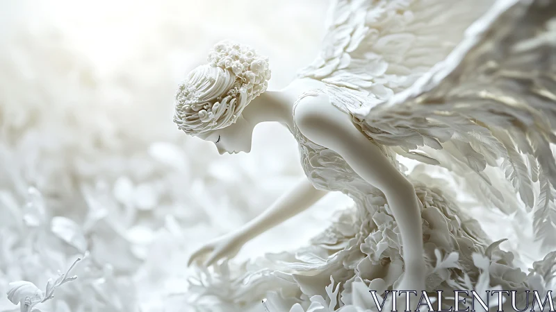 Porcelain-winged figurine leans into luminous shallow focus field