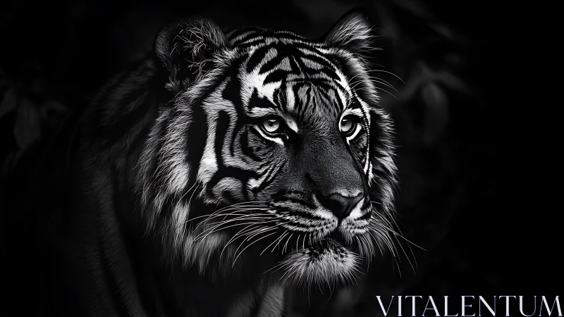 Monochrome tiger portrait with intense gaze in darkness.