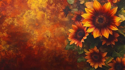 Radiant Sunflowers Against Textured Autumn Backdrop.