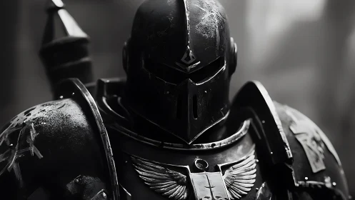 Battleworn space knight resting in quiet grayscale light.