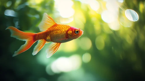 Sunlit goldfish drifting through a dreamy green pond.