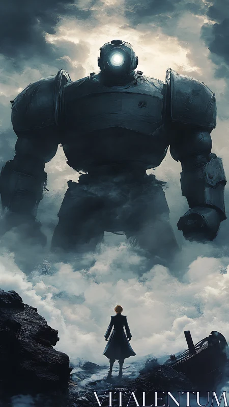 Human figure faces massive armored robot in stormy fog