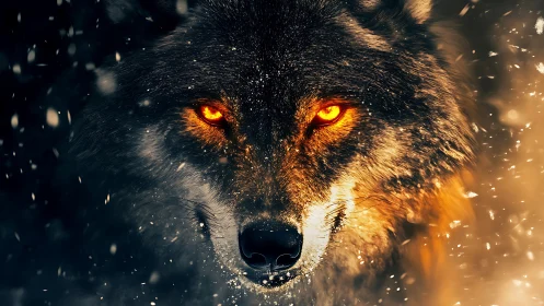 Wolf portrait with infernal eyes in dynamic snowstorm.