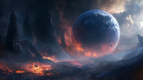 Volcanic exoplanet landscape with molten horizons and eclipsed sphere