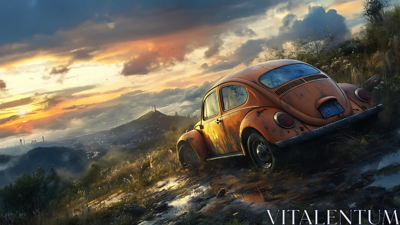 Weathered orange car on muddy hillside above city at dusk.