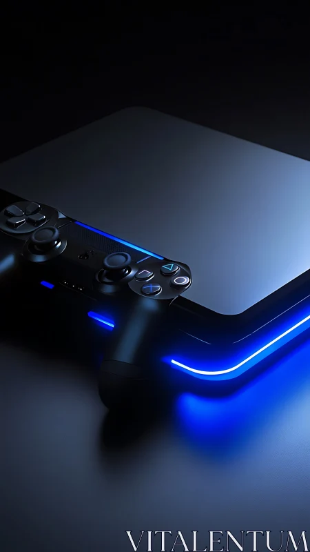 Gaming Controller with Illuminated Blue Neon Accents on Dark Surface