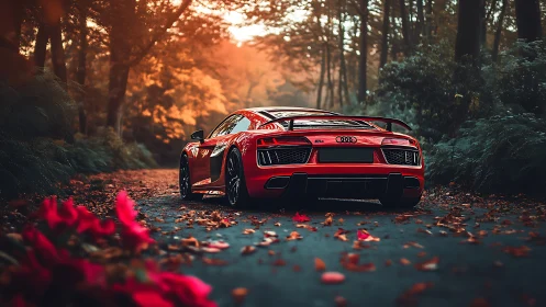 Red sports car is parked on forest road in autumn light