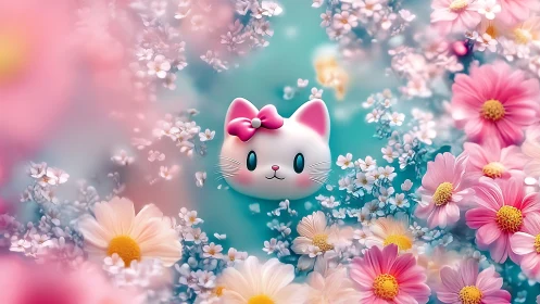 Cartoon cat head floats amid dense pink and white flowers