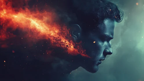Profile portrait merges fire stream with brooding figure.