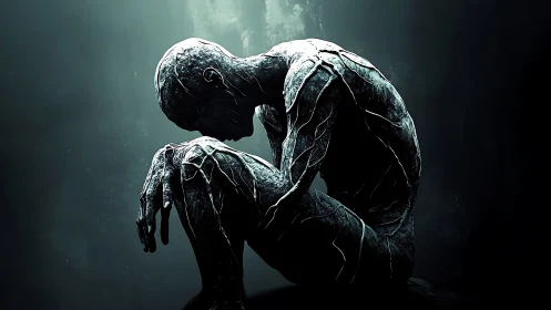 Stone figure curls inward under dim cyan backlight