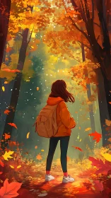 Girl with backpack pauses in radiant autumn forest glow